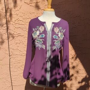 Chico's Plum Embroidered Long-Sleeve Blouse